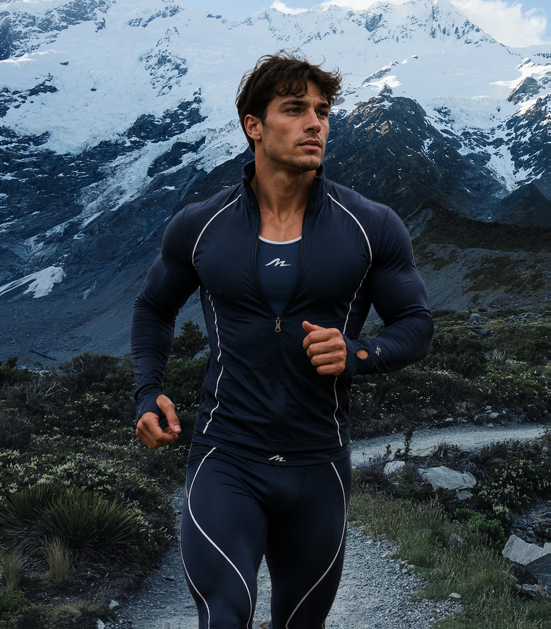 Man in Molloa activewear running on a mountain trail
